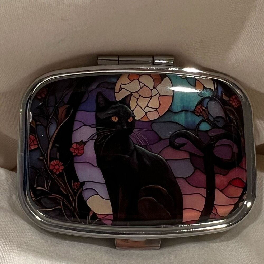 Black Cat Travel Pill Box 2 Compartment Decorative Medicine Case Metal NEW
